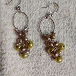 Silvertone green faux pearls wire earrings